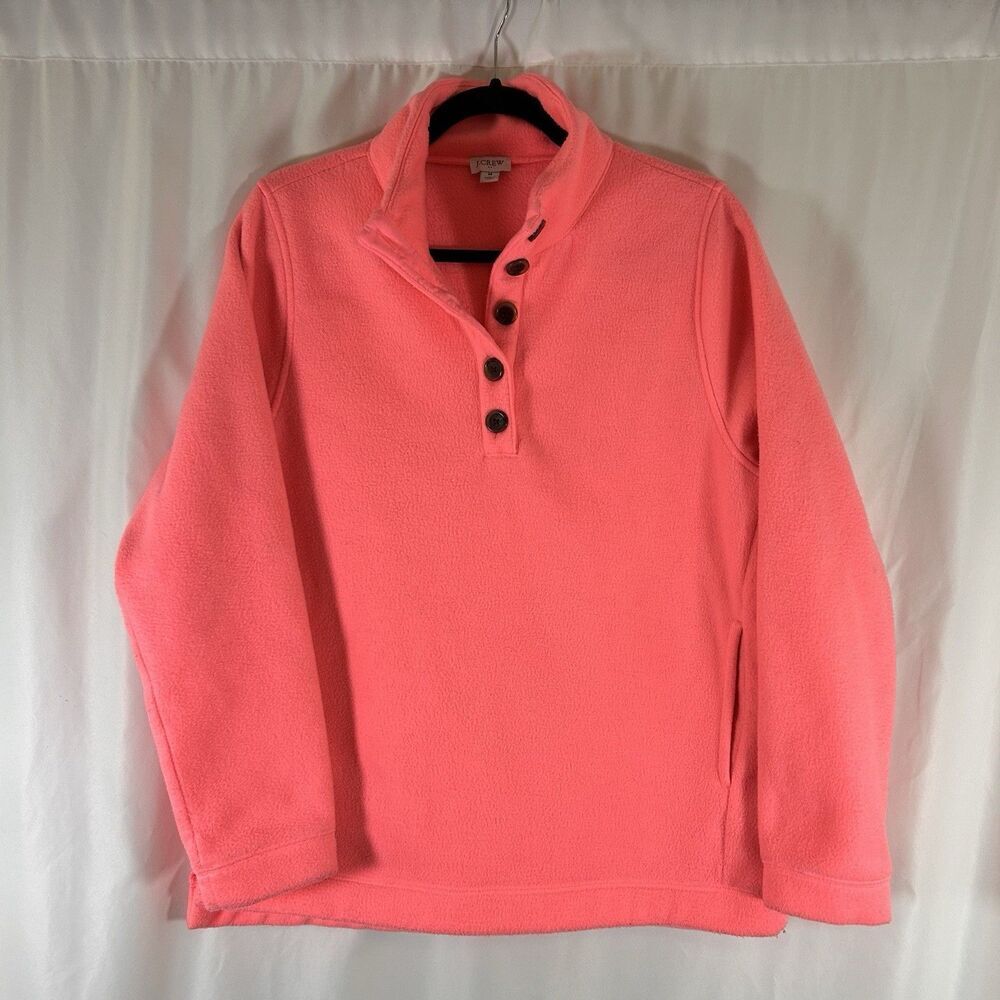 J. Crew Fleece Jacket Women's Medium Hot Pink Long Sleeve 1/4 Button Pockets